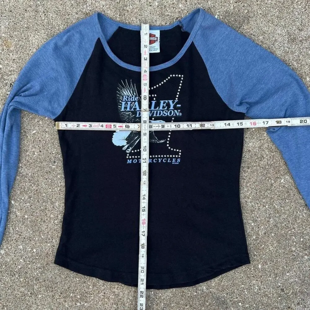 Y2K Harley Davidson Eagle Black & Blue Long Sleeve Top | Size Medium - Picture 4 of 7